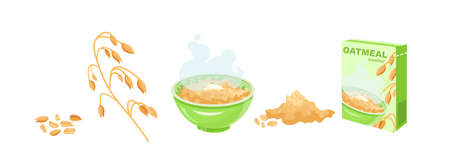 Healthy oatmeal porridge muesli for breakfast, cartoon set with cereals box, bowl and cornflakesのイラスト素材