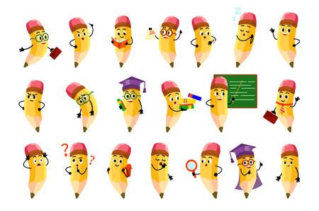 Set of cartoon yellow pencils school characters with smile faces different emoji and eraserのイラスト素材