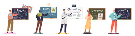 Set of teachers at blackboard explain lesson: geometry, chemistry, biology, english, literature