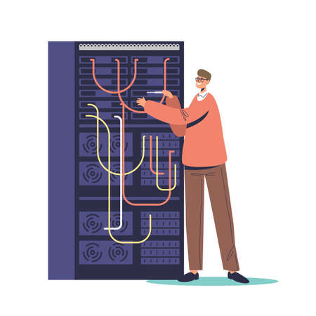 IT administrator working in server room. Service maintenance. System administration networkのイラスト素材