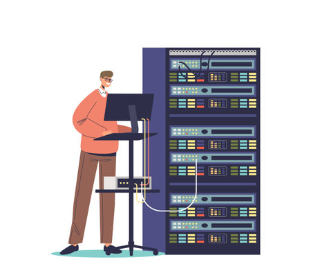 Young male sysadmin at work. Man working on computer and doing technical maintenance with serverのイラスト素材
