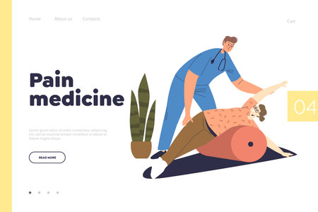 Pain medicine concept of landing page with woman exercising with roller for rehabilitationのイラスト素材
