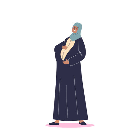 Arab woman pregnant. Young muslim female in traditional arabian hijab clothes bearing childのイラスト素材