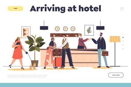 Arriving at hotel concept of landing page with lobby or reception hall interior and guest check inのイラスト素材