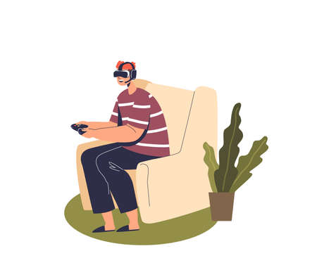 Boy in vr glasses gaming. Young man wear virtual reality headset play video games augmented realityのイラスト素材
