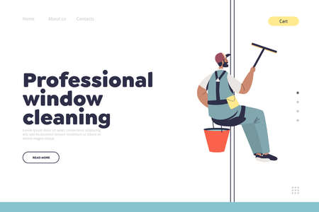 Professional window cleaning concept of landing page with washer in uniform hang on steeplejackのイラスト素材