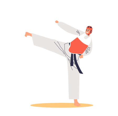 Male taekwondo fighter in costume and helmet for competition. Traditional asian wrestlerのイラスト素材
