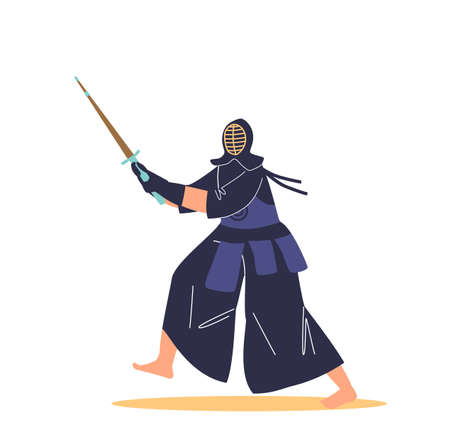 Wushu warrior in mask and black kimono costume. Traditional chinese soldier fighting with swardのイラスト素材