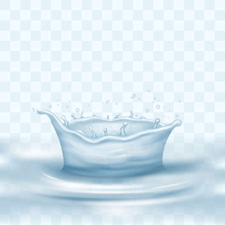 Water crown splash and wave swirl with drops. Transparent blue liquid splashing fluids with dropletsのイラスト素材