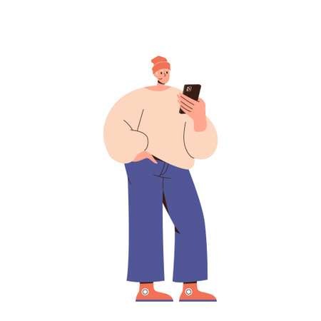Hipster guy watching video on smartphone standing with digital device I hand on white backgroundのイラスト素材