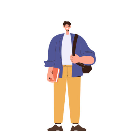 Happy smiling male student character standing with bag and book in hand on white backgroundのイラスト素材