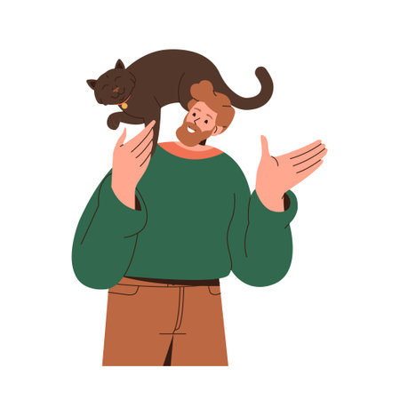Happy red-haired bearded man holding cat on shoulder isolated on white backgroundのイラスト素材