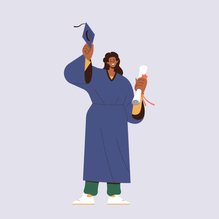 Cheerful female student in gown celebrating graduation with raised cap and diploma in handのイラスト素材