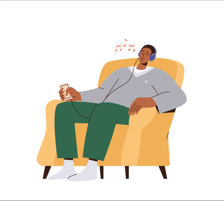 Young man in headset sitting on armchair and listening to music or audio book on smartphoneのイラスト素材