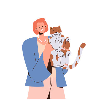 Pretty friendly smiling woman holding cute cat in arms portrait isolated on white backgroundのイラスト素材