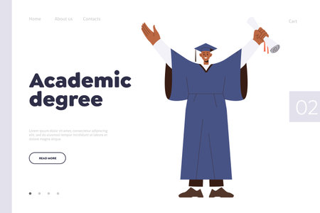 Academic degree landing page design template with happy male student graduating from universityのイラスト素材