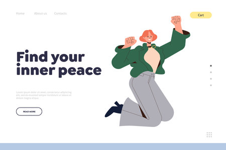 Happy mindfulness woman with smile on face in jump, find your inner peace landing page templateのイラスト素材