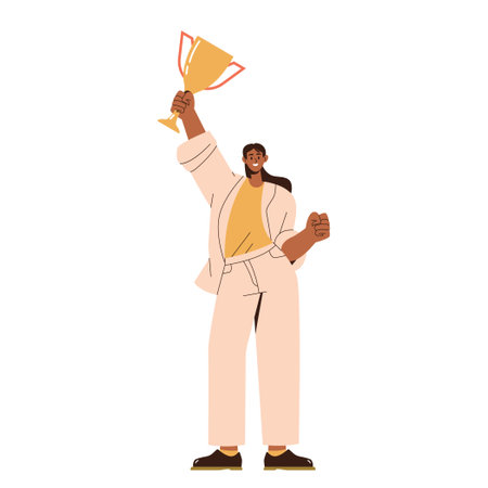 Business woman champion raising golden winner cup and feeling happy of getting award prizeのイラスト素材