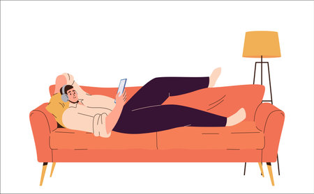 Young man in headset listening to music via mobile application lying on sofa while rest at homeのイラスト素材