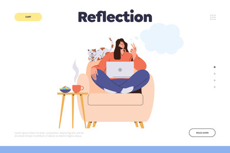 Reflection landing page template with pensive woman character engaged in self-knowledge and analysisのイラスト素材