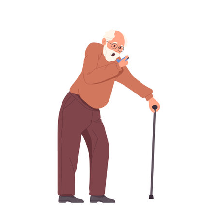 Retired elderly grandpa suffering from asthma tying to relieve asthmatic cough attack with inhalerのイラスト素材