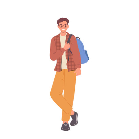 Full-length portrait of happy young teenage male student character ready for education and studyのイラスト素材