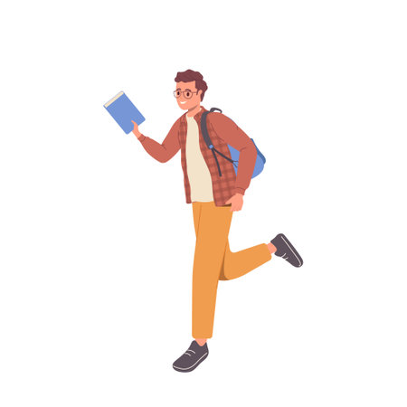 Happy smiling young male student with book and backpack running fast being late on lessonのイラスト素材