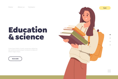 Confused young female student character carrying pile of heavy books landing page templateのイラスト素材