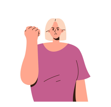 Young angry woman character with frowning face showing raised fist having scandal or fightingのイラスト素材