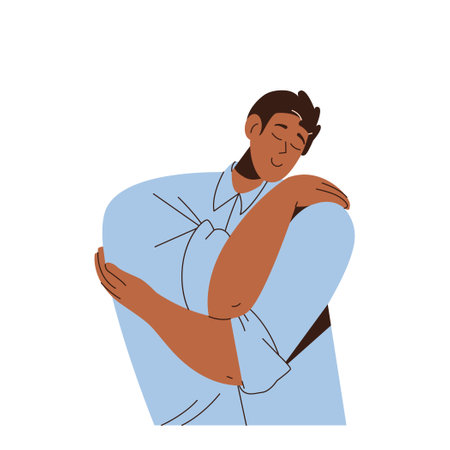 Young smiling man character positive thinking hugging himself feeling happiness and comfortのイラスト素材