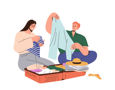 Happy smiling man and woman family married couple going on vacation packing luggage bagのイラスト素材