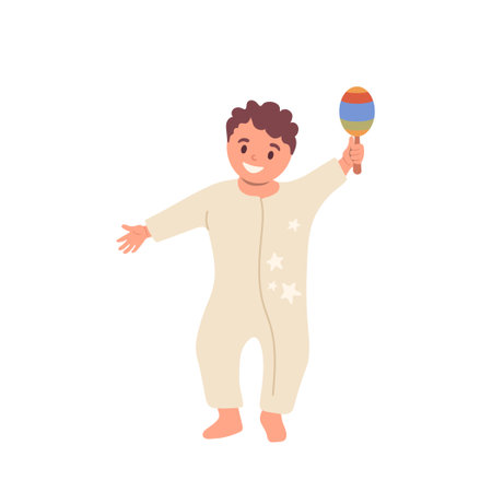 Little toddler kid dancing making music with rattle toy in hand isolated on white backgroundのイラスト素材