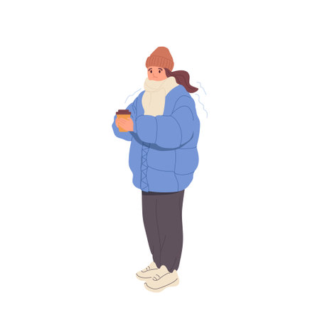Cute freezing woman wearing winter clothes holding cup of hot takeaway coffee to keep warmのイラスト素材