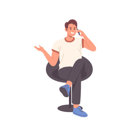 Happy smiling man character sitting on chair with crossed legs and talking mobile phoneのイラスト素材