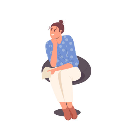 Happy smiling young woman event participant holding paper sheet listening while sitting on chairのイラスト素材
