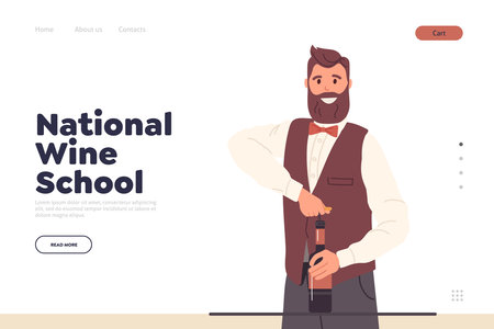 Landing page template for national wine school with happy man waiter uncorking wine bottleのイラスト素材