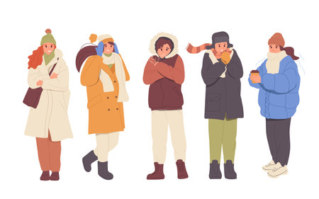 Unhappy freezing people characters wearing warm winter clothes trembling feeling cold and unwell setのイラスト素材