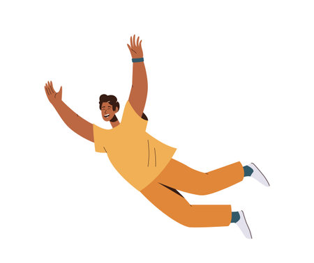 Cheerful laughing young man character frying in air feeling success and happiness isolated on whiteのイラスト素材