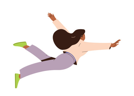 Happy dreamy woman character flying in air feeling free and satisfied isolated on white backgroundのイラスト素材