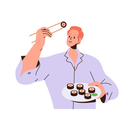 Happy young man character eating Japanese sushi Asian food using chopstick having tasty lunchのイラスト素材