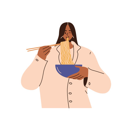 Happy young woman character eating ramen noodles for dinner vector illustration isolated on whiteのイラスト素材
