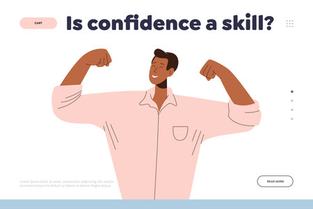 Confidence skill landing page with happy healthy business man freelancer demonstrate muscularのイラスト素材