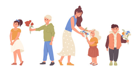 Set of happy cute smiling diverse children holding and giving flowers bouquet vector illustrationのイラスト素材