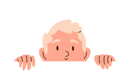 Small cute boy child peeking out showing curious face hiding behind white wall with blank spaceのイラスト素材