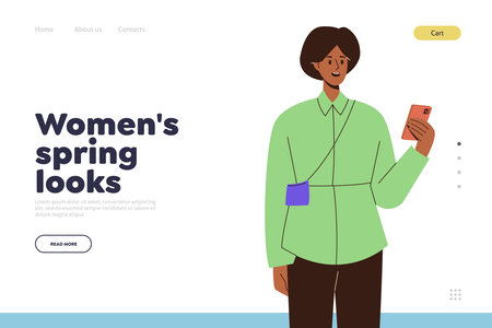 Women spring look landing page design template with trendy fashion girl character portraitのイラスト素材