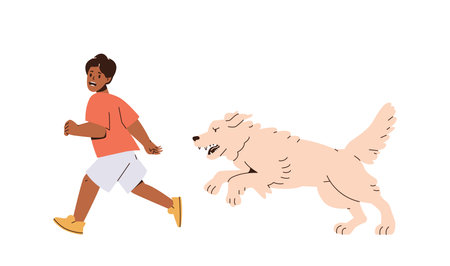 Cute afraid little boy child character running away chasing vicious aggressive homeless dogのイラスト素材