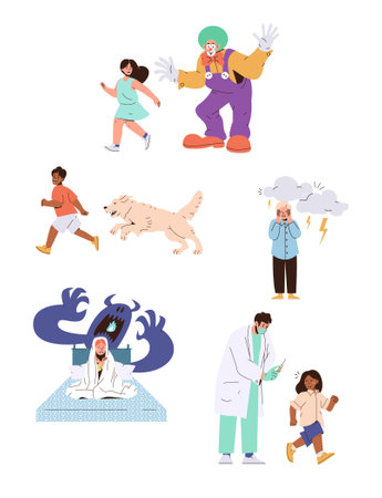 Children fears isolated set with scared boy and frightened girls crying and screaming, running awayのイラスト素材