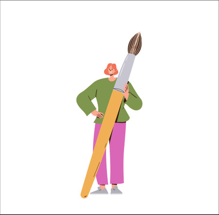 Happy creative woman artist holding giant paintbrush standing isolated on white backgroundのイラスト素材