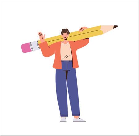 Creative young man character holding pencil enjoy writer or designer profession on freelanceのイラスト素材