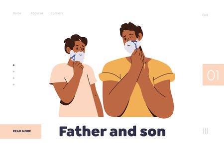 Father and son relationship landing page design template with dad teaching teen boy shaving faceのイラスト素材